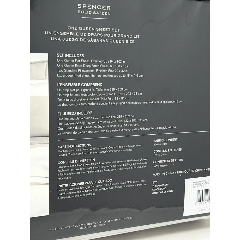 Ralph Lauren Queen Spencer Solid 475 TC Thread-Count Sateen Sheet Set Gray Grey